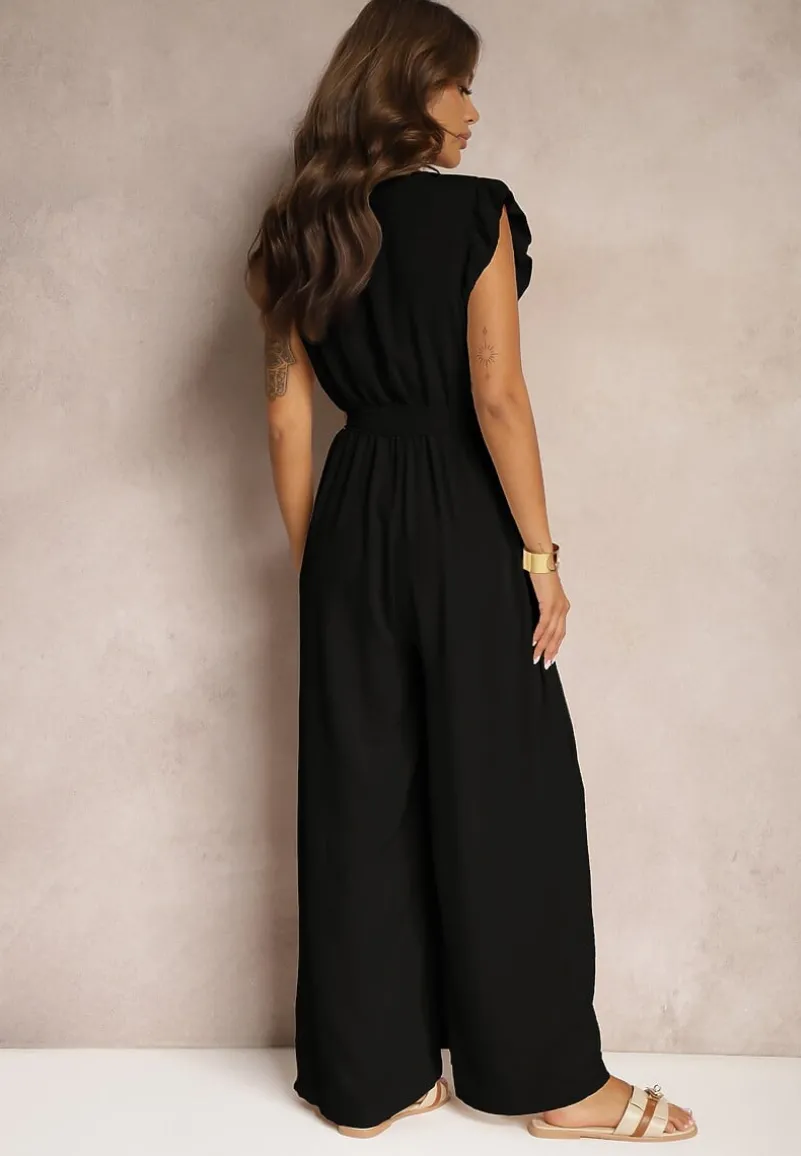 Czarny Koktajlowy Kombinezon Wiązany Paskiem Wykończony Falbankami przy Ramionach Vimaseni