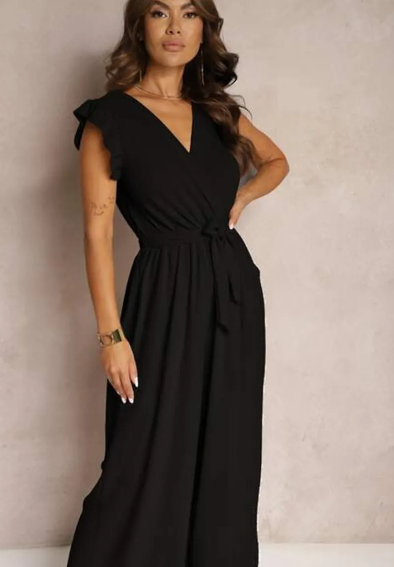 Czarny Koktajlowy Kombinezon Wiązany Paskiem Wykończony Falbankami przy Ramionach Vimaseni
