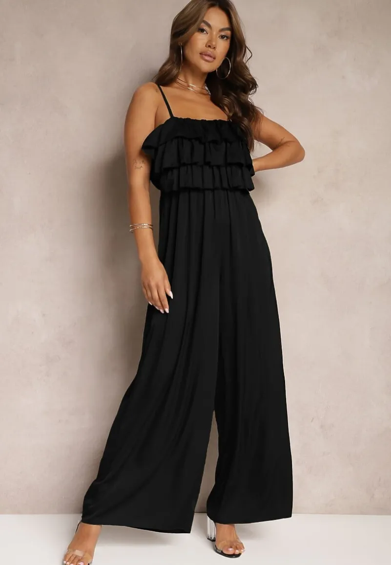 Czarny Koktajlowy Kombinezon na Ramiączkach z Regulacją i Gumką w Talii Uesvia