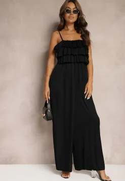 Czarny Koktajlowy Kombinezon na Ramiączkach z Regulacją i Gumką w Talii Uesvia