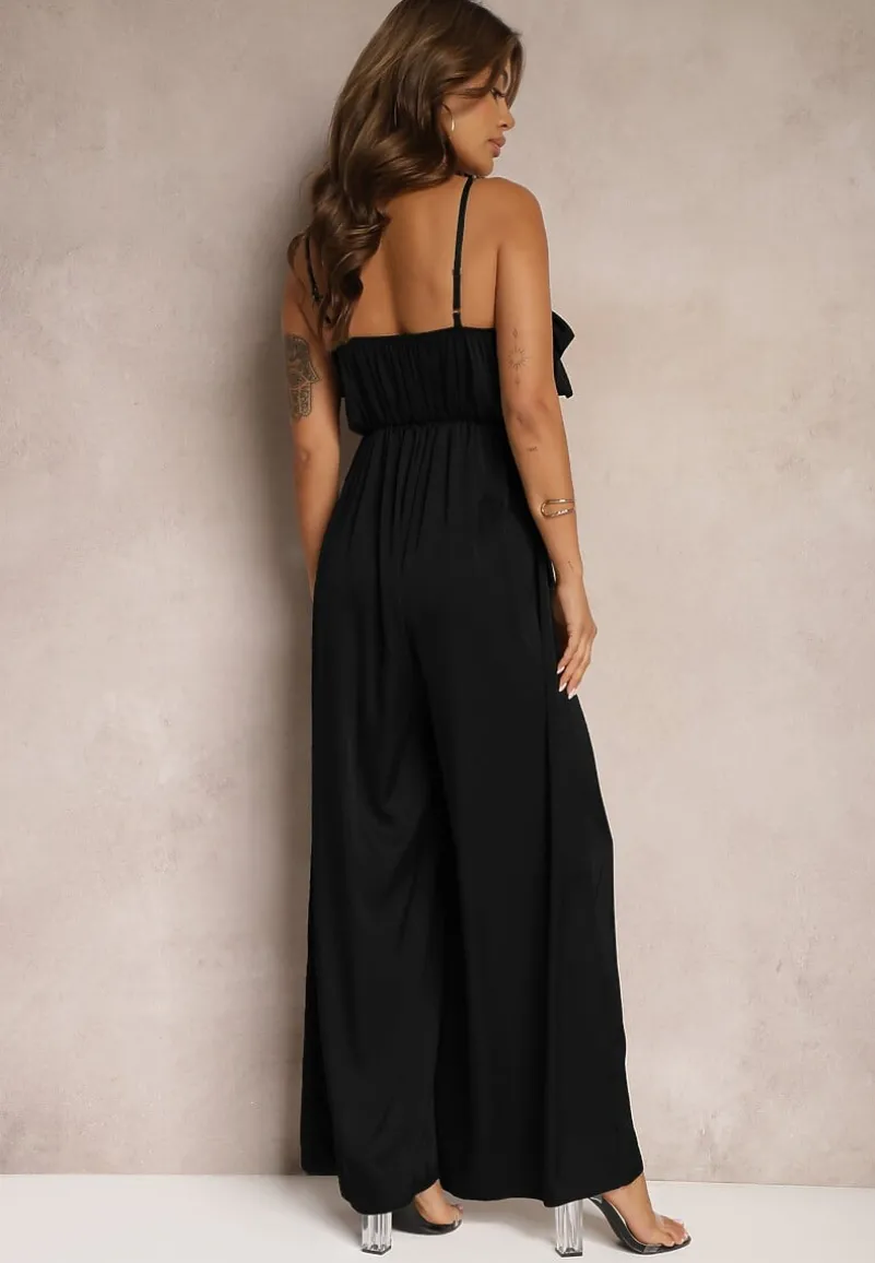 Czarny Koktajlowy Kombinezon na Ramiączkach z Regulacją i Gumką w Talii Uesvia