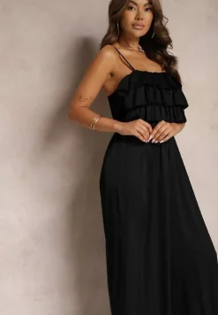 Czarny Koktajlowy Kombinezon na Ramiączkach z Regulacją i Gumką w Talii Uesvia