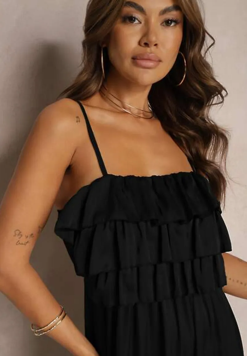 Czarny Koktajlowy Kombinezon na Ramiączkach z Regulacją i Gumką w Talii Uesvia