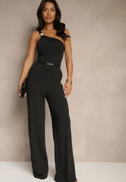 Czarny Kombinezon Asymetryczny na Jedno Ramię z Długimi Nogawkami i Kieszeniami Efridelle