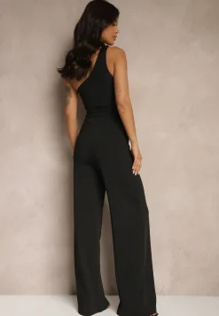 Czarny Kombinezon Asymetryczny na Jedno Ramię z Długimi Nogawkami i Kieszeniami Efridelle