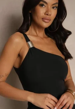 Czarny Kombinezon Asymetryczny na Jedno Ramię z Długimi Nogawkami i Kieszeniami Efridelle