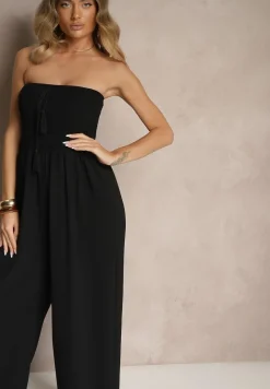 Czarny Kombinezon Bandeau z Szeroką Nogawką Zdobiony Frędzlami Dovaira