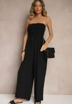 Czarny Kombinezon Bandeau z Szeroką Nogawką Zdobiony Frędzlami Dovaira