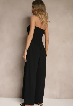 Czarny Kombinezon Bandeau z Szeroką Nogawką Zdobiony Frędzlami Dovaira