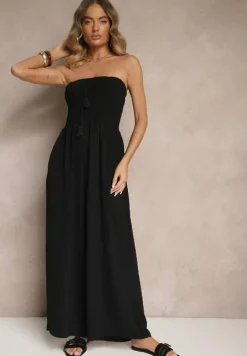 Czarny Kombinezon Bandeau z Szeroką Nogawką Zdobiony Frędzlami Dovaira