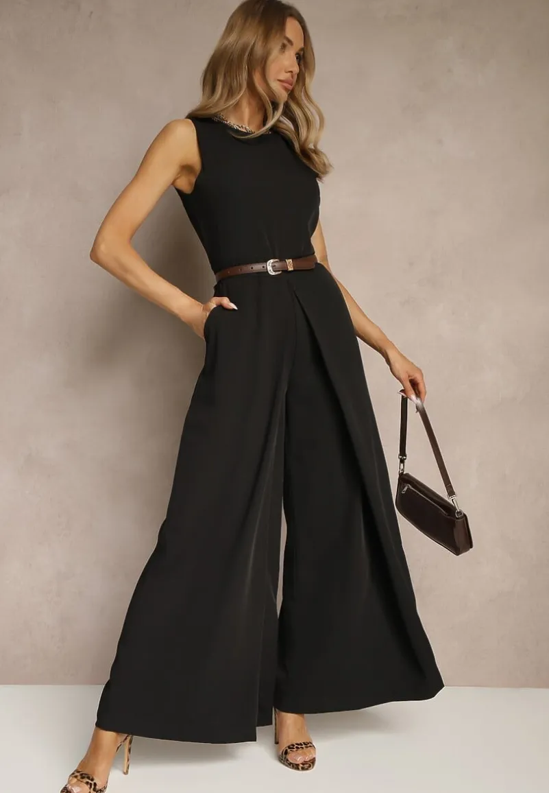 Czarny Kombinezon Bez Rękawów z Nogawkami Wide Leg Noreldi