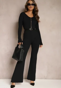Czarny Kombinezon Bodycon z Prążkowanej Wiskozy ze Spodniami Typu Dzwony i Suwakiem Lavirna