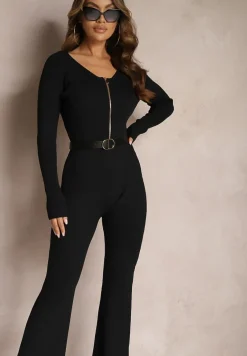 Czarny Kombinezon Bodycon z Prążkowanej Wiskozy ze Spodniami Typu Dzwony i Suwakiem Lavirna