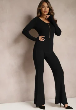 Czarny Kombinezon Bodycon z Prążkowanej Wiskozy ze Spodniami Typu Dzwony i Suwakiem Lavirna