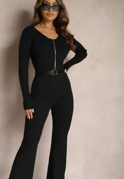 Czarny Kombinezon Bodycon z Prążkowanej Wiskozy ze Spodniami Typu Dzwony i Suwakiem Lavirna