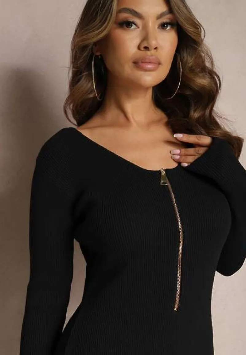 Czarny Kombinezon Bodycon z Prążkowanej Wiskozy ze Spodniami Typu Dzwony i Suwakiem Lavirna