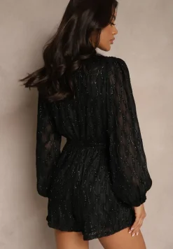 Czarny Kombinezon Kopertowy z Tłoczeniami i Błyszczącymi Przeszyciami Wiązany w Talii Venirise