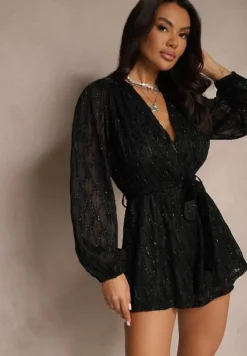 Czarny Kombinezon Kopertowy z Tłoczeniami i Błyszczącymi Przeszyciami Wiązany w Talii Venirise