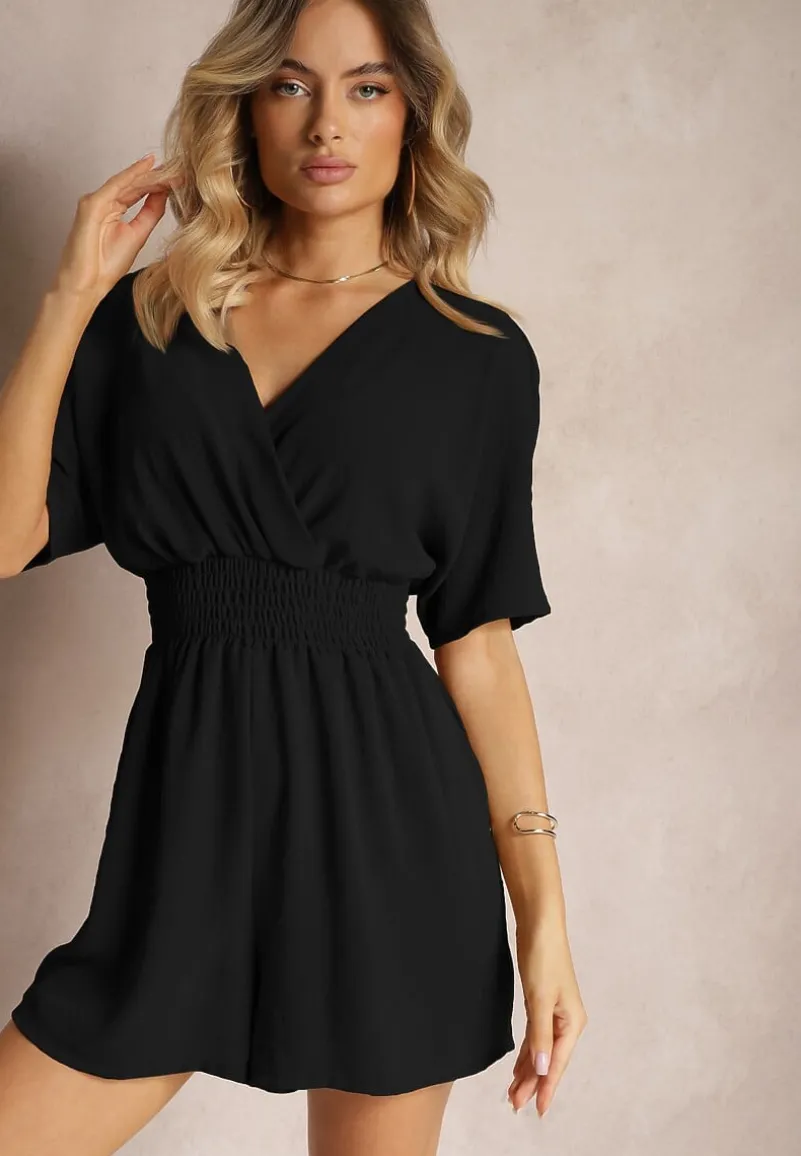 Czarny Kombinezon Kopertowy z Gumką w Pasie Fandrea