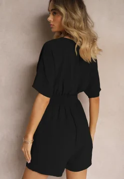 Czarny Kombinezon Kopertowy z Gumką w Pasie Fandrea