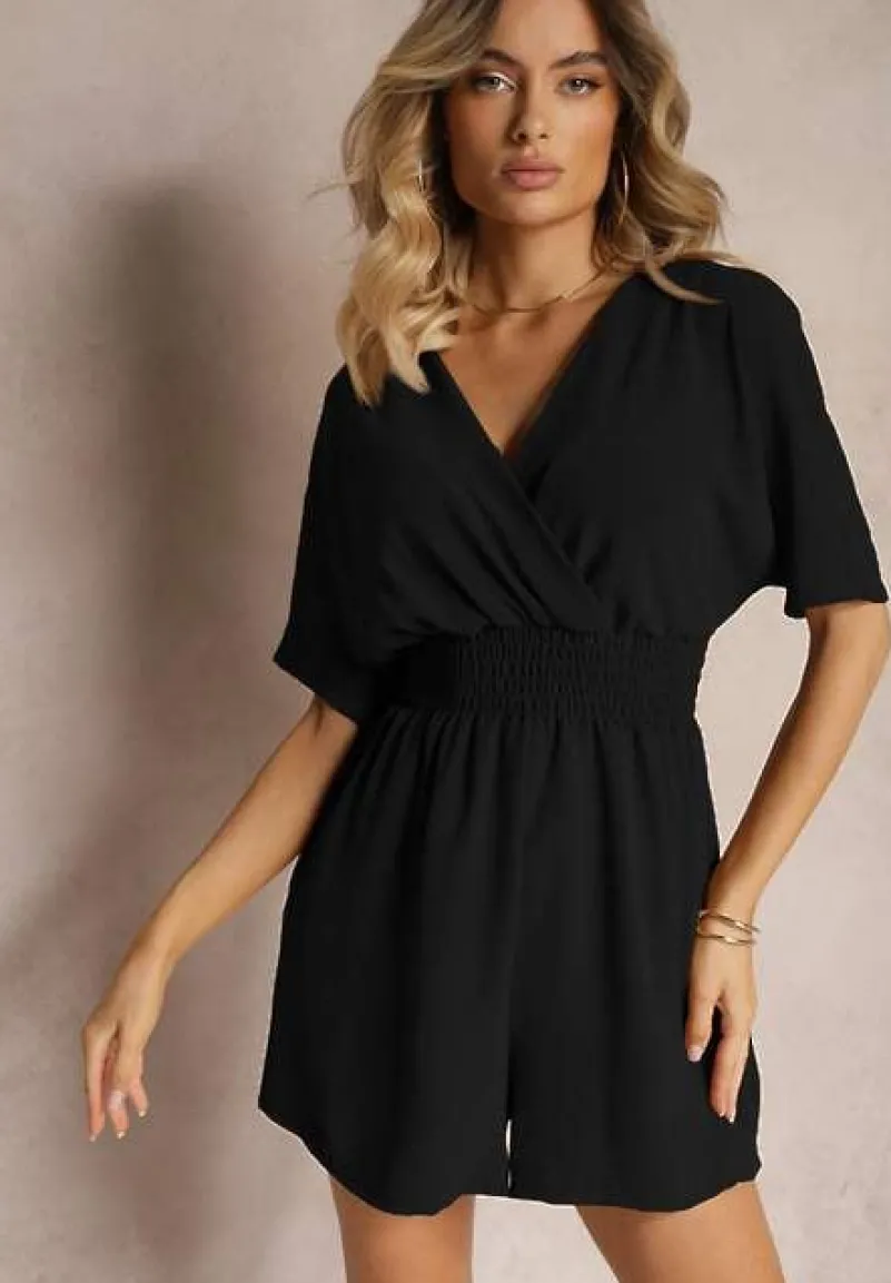 Czarny Kombinezon Kopertowy z Gumką w Pasie Fandrea