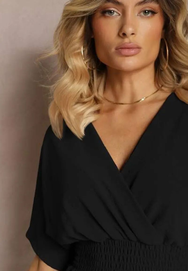 Czarny Kombinezon Kopertowy z Gumką w Pasie Fandrea