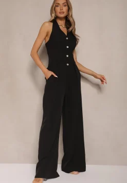 Czarny Kombinezon na Szyję z Guzikami i Szerokimi Nogawkami Tadelli