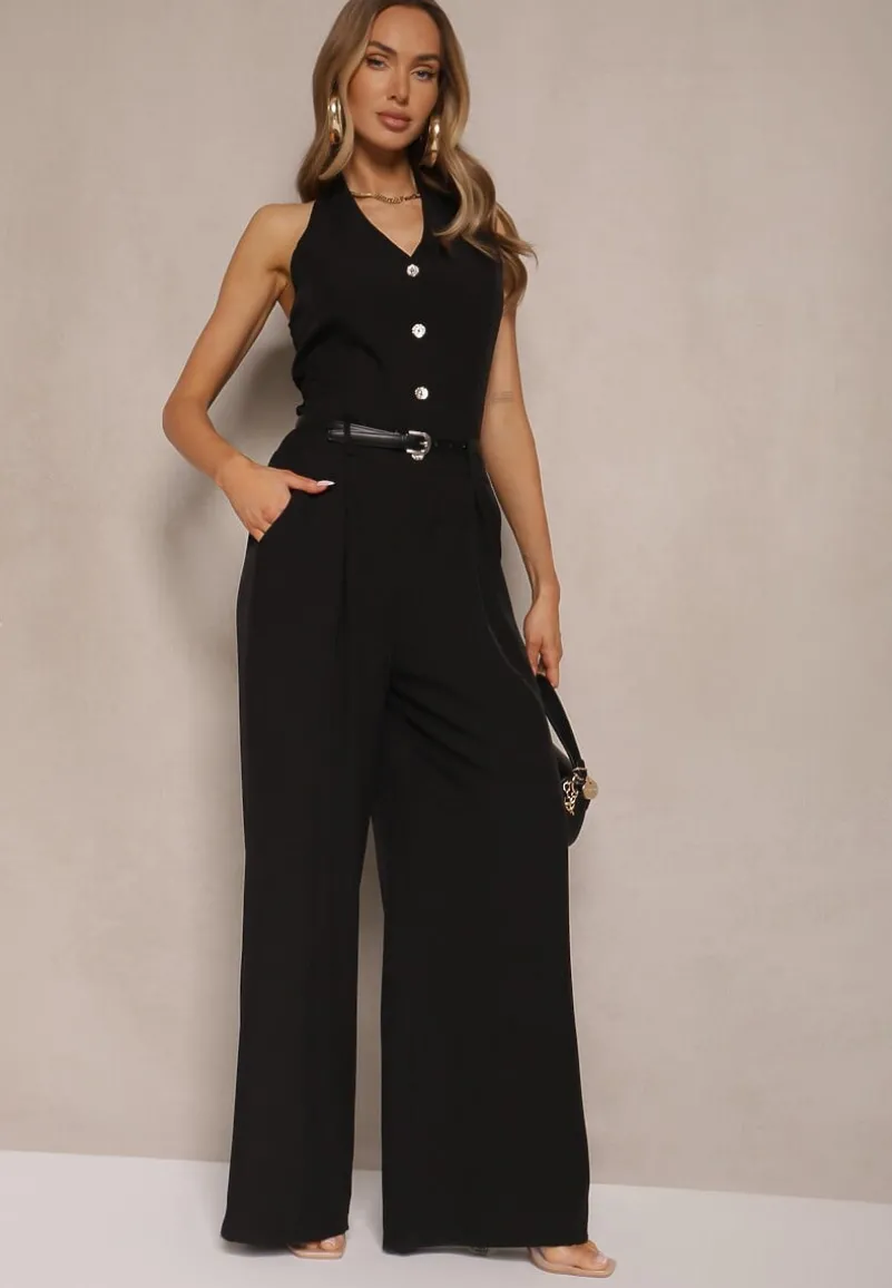 Czarny Kombinezon na Szyję z Guzikami i Szerokimi Nogawkami Tadelli