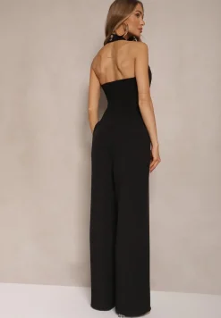 Czarny Kombinezon na Szyję z Guzikami i Szerokimi Nogawkami Tadelli