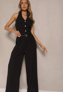 Czarny Kombinezon na Szyję z Guzikami i Szerokimi Nogawkami Tadelli
