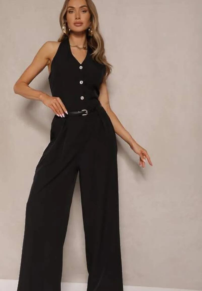 Czarny Kombinezon na Szyję z Guzikami i Szerokimi Nogawkami Tadelli