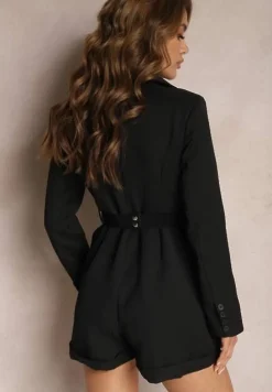 Czarny Kombinezon o Kroju Marynarki z Paskiem Okyale
