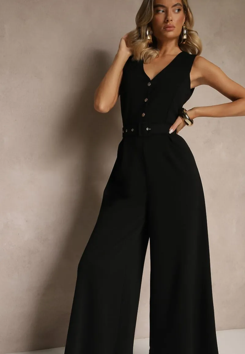 Czarny Kombinezon o Taliowanym Kroju z Wiskozą i Paskiem Raliorea