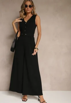 Czarny Kombinezon o Taliowanym Kroju z Wiskozą i Paskiem Raliorea