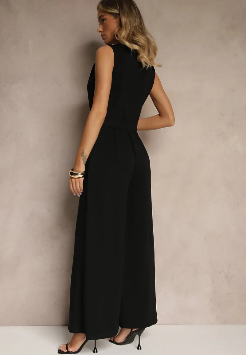 Czarny Kombinezon o Taliowanym Kroju z Wiskozą i Paskiem Raliorea