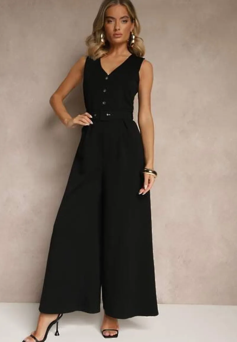 Czarny Kombinezon o Taliowanym Kroju z Wiskozą i Paskiem Raliorea