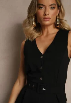 Czarny Kombinezon o Taliowanym Kroju z Wiskozą i Paskiem Raliorea