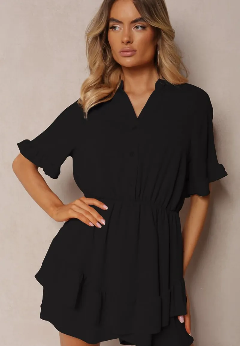 Czarny Kombinezon o Taliowanym Kroju z Falbanką przy Rękawach i Gumką w Pasie Nansili