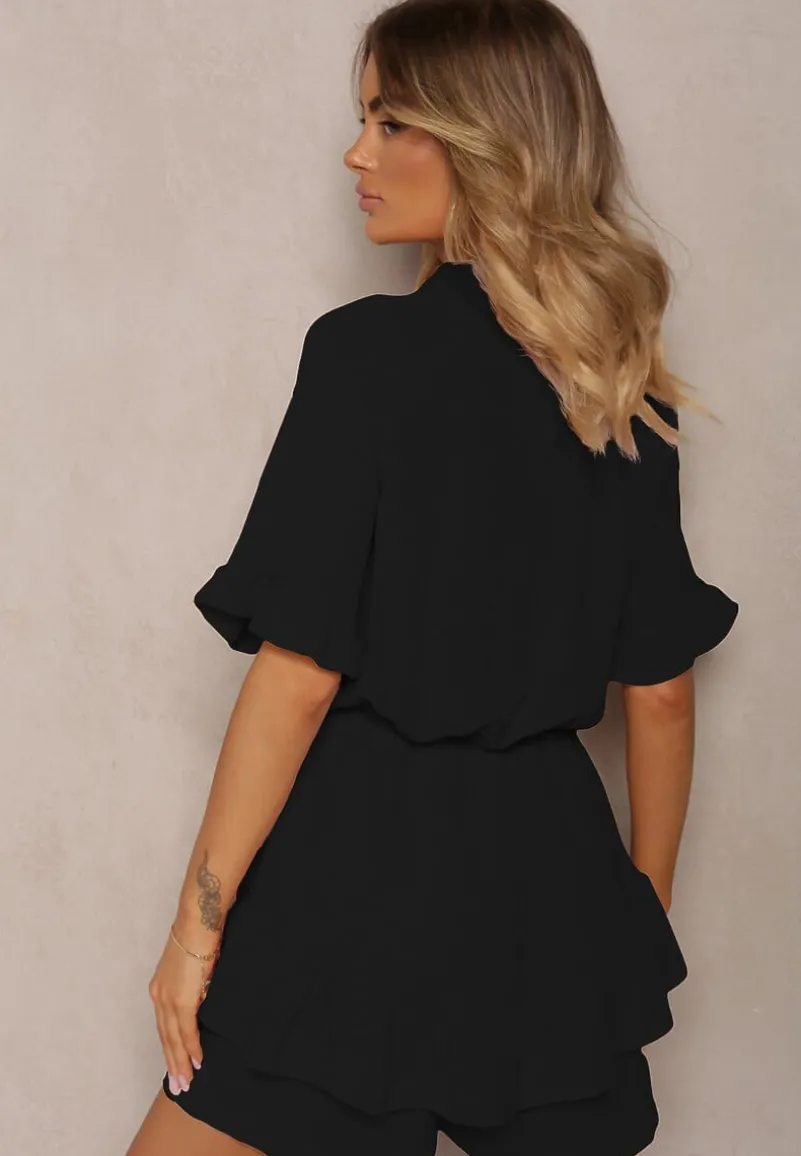 Czarny Kombinezon o Taliowanym Kroju z Falbanką przy Rękawach i Gumką w Pasie Nansili