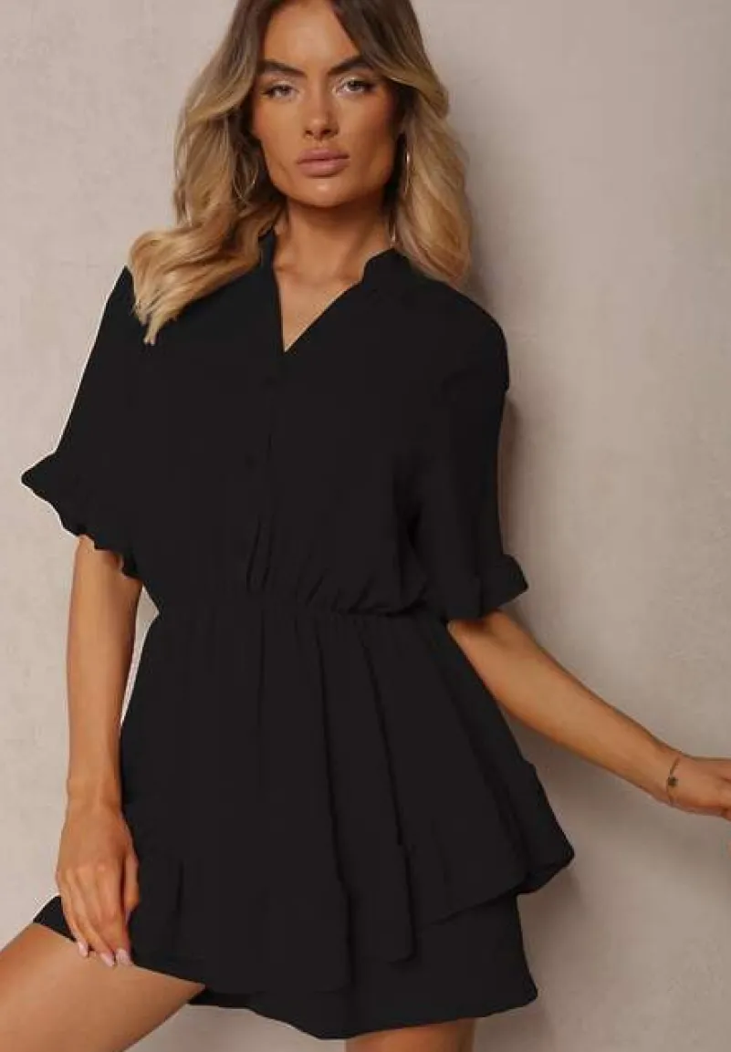 Czarny Kombinezon o Taliowanym Kroju z Falbanką przy Rękawach i Gumką w Pasie Nansili