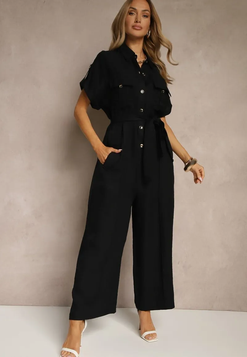Czarny Kombinezon Ozdobiony Kieszeniami i Paskiem Wilsedi