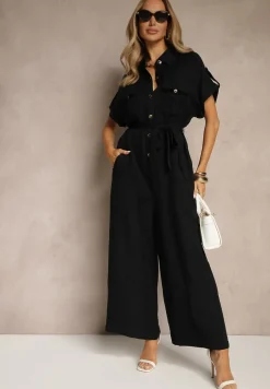 Czarny Kombinezon Ozdobiony Kieszeniami i Paskiem Wilsedi