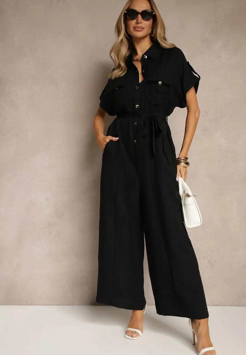 Czarny Kombinezon Ozdobiony Kieszeniami i Paskiem Wilsedi