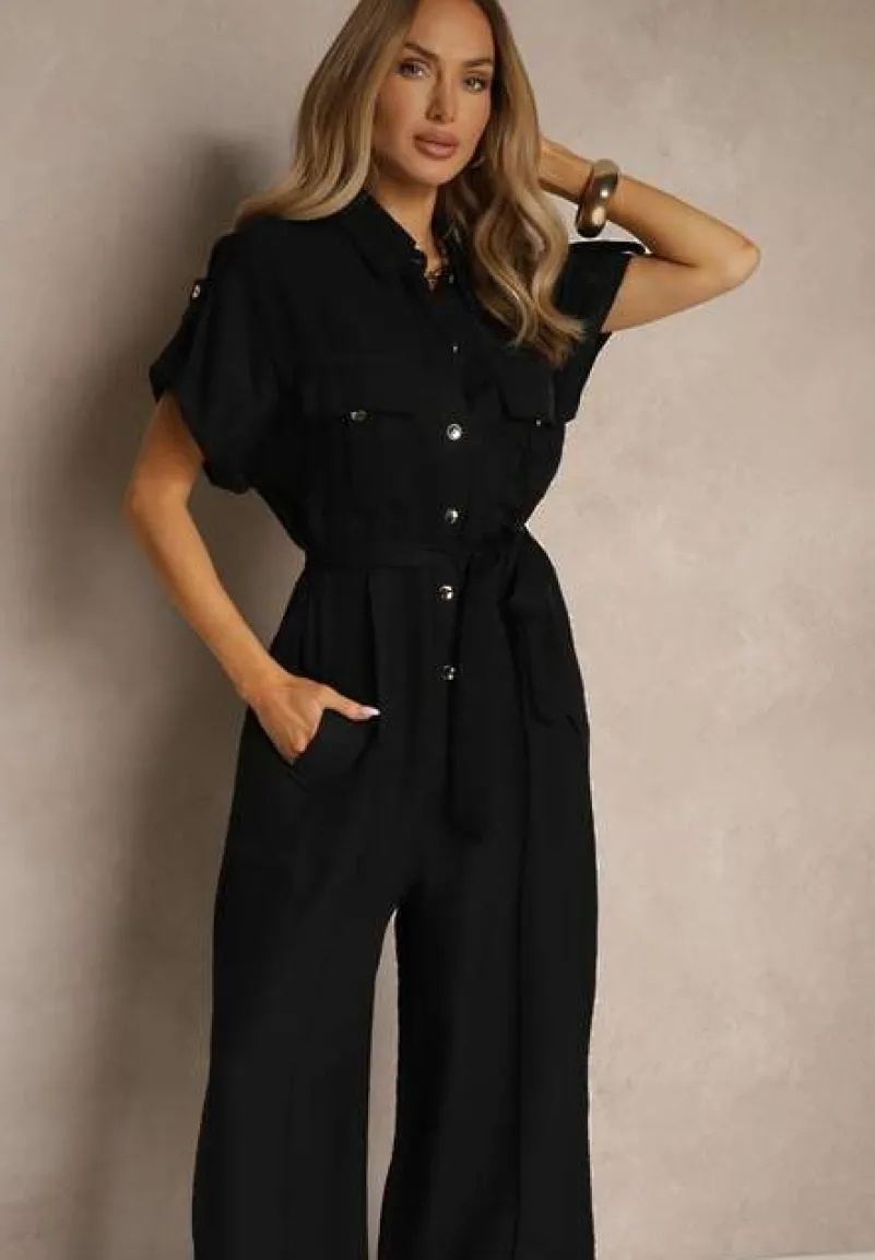 Czarny Kombinezon Ozdobiony Kieszeniami i Paskiem Wilsedi