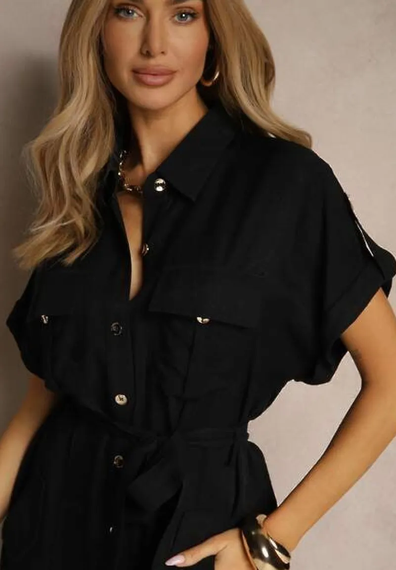 Czarny Kombinezon Ozdobiony Kieszeniami i Paskiem Wilsedi