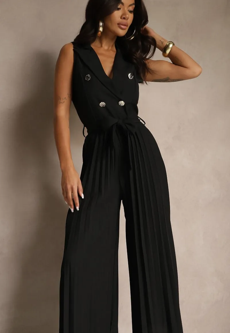 Czarny Kombinezon Taliowany w Garniturowym Stylu z Paskiem i Guzikami Fillomia