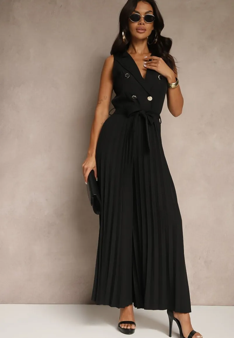 Czarny Kombinezon Taliowany w Garniturowym Stylu z Paskiem i Guzikami Fillomia