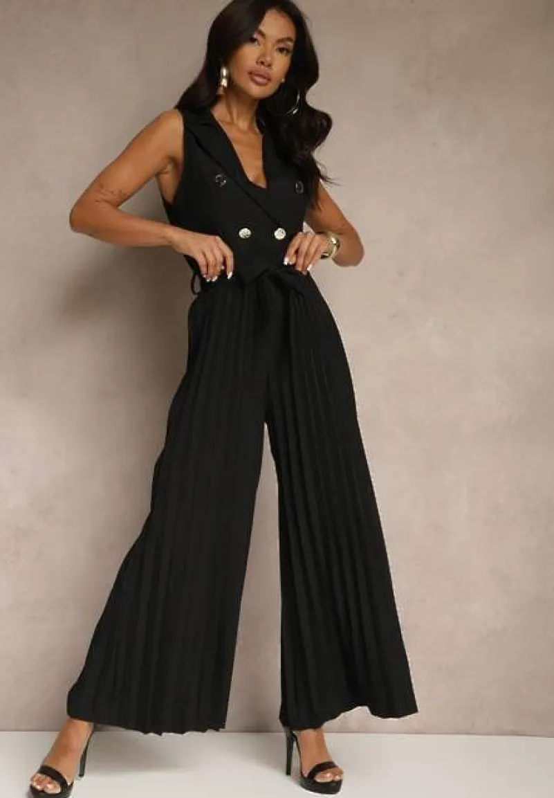 Czarny Kombinezon Taliowany w Garniturowym Stylu z Paskiem i Guzikami Fillomia