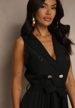 Czarny Kombinezon Taliowany w Garniturowym Stylu z Paskiem i Guzikami Fillomia