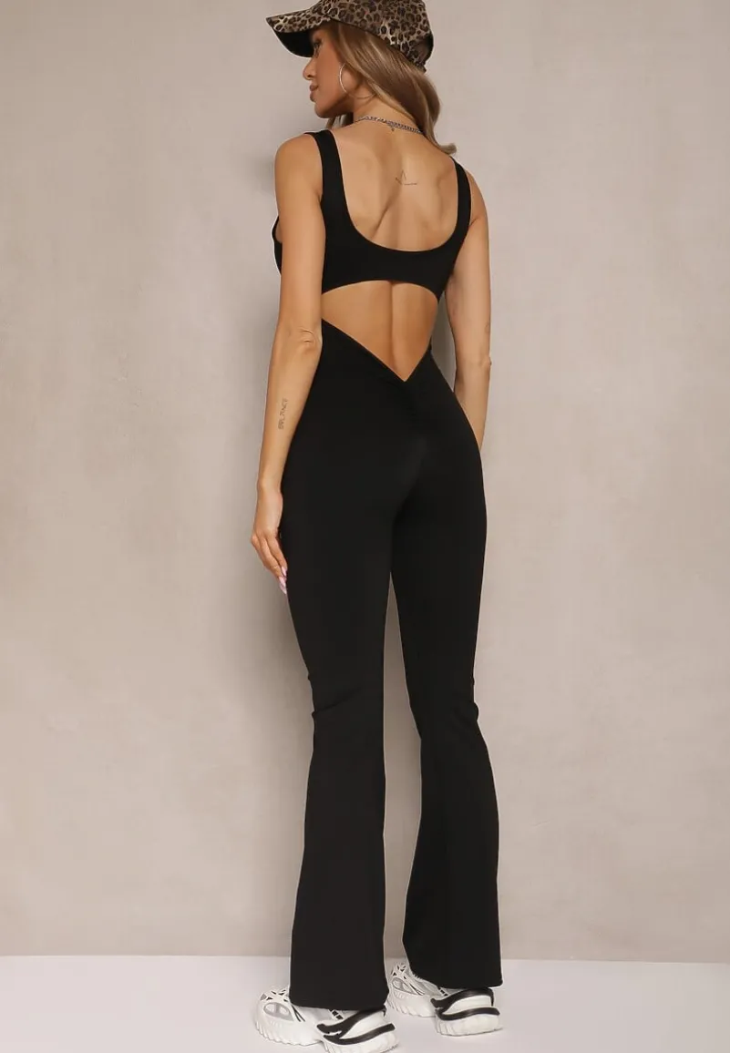 Czarny Kombinezon Taliowany z Wycięciem na Plecach i Usztywnianymi Miseczkami Senimi